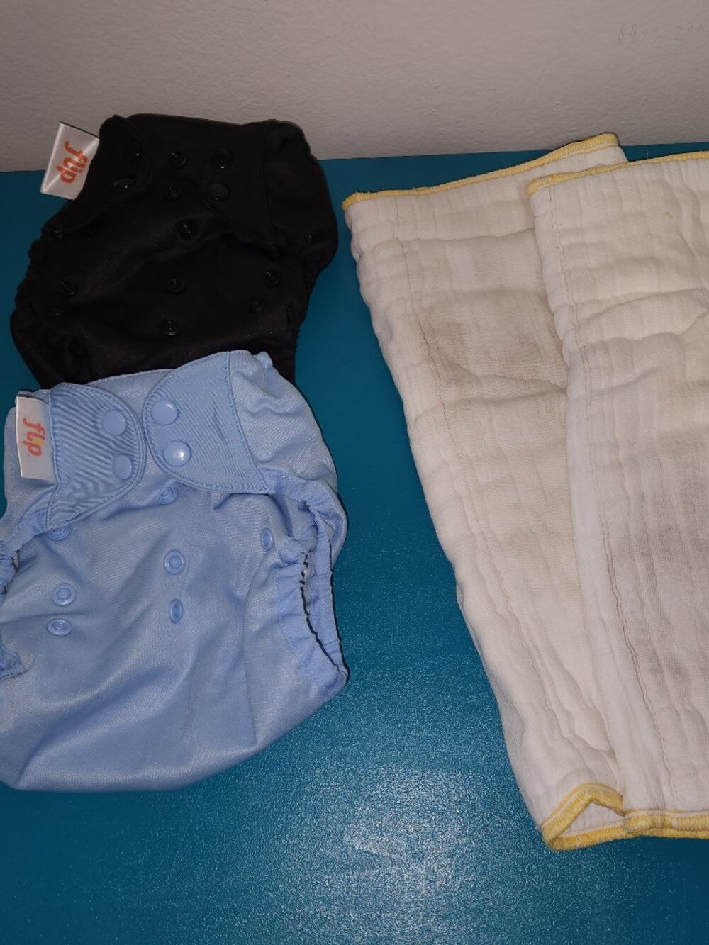 Flip Lot of 2 One Size Black & Light Blue Cloth Diaper Covers + 2 Prefolds